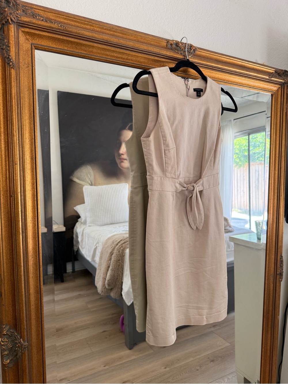 Ann Taylor Sleeveless Tie-Waist Midi Dress in Light Taupe